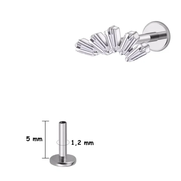 Piercing Labret Éventail Baguettes Zircons en Titane (variante 5 mm gris argenté) Piercing Labret Éventail Baguettes Zircons en Titane (variante 5 mm gris argenté).