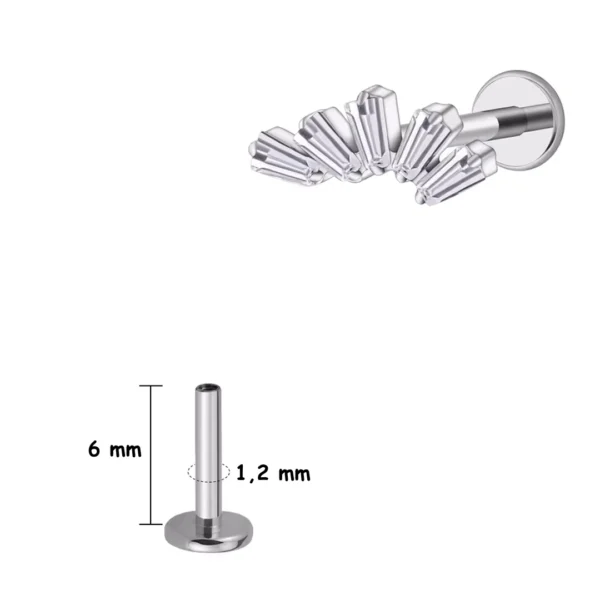 Piercing Labret Éventail Baguettes Zircons en Titane (variante 6 mm gris argenté) Piercing Labret Éventail Baguettes Zircons en Titane (variante 6 mm gris argenté).