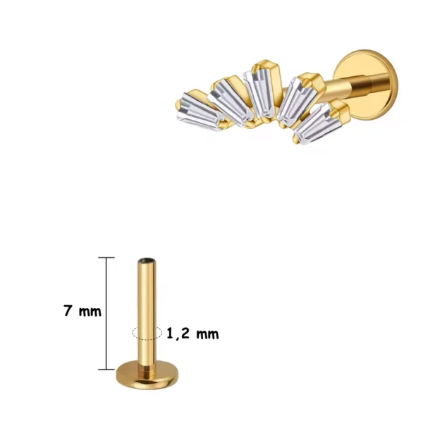Piercing Labret Éventail Baguettes Zircons en Titane (variante 7 mm anodisé doré) Piercing Labret Éventail Baguettes Zircons en Titane (variante 7 mm anodisé doré).