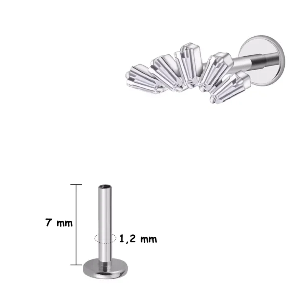 Piercing Labret Éventail Baguettes Zircons en Titane (variante 7 mm gris argenté) Piercing Labret Éventail Baguettes Zircons en Titane (variante 7 mm gris argenté).