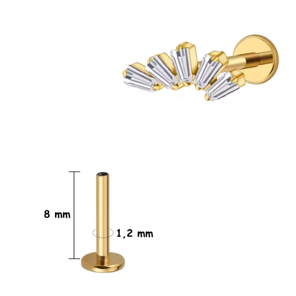Piercing Labret Éventail Baguettes Zircons en Titane (variante 8 mm anodisé doré) Piercing Labret Éventail Baguettes Zircons en Titane (variante 8 mm anodisé doré).
