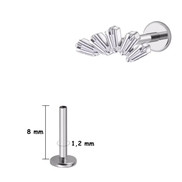 Piercing Labret Éventail Baguettes Zircons en Titane (variante 8 mm gris argenté) Piercing Labret Éventail Baguettes Zircons en Titane (variante 8 mm gris argenté).