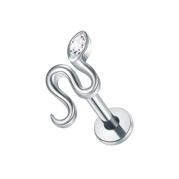 Piercing Labret Serpent Sinueux à Tête Zircon Marquise (variante gris argenté 8 mm) Piercing Labret Serpent Sinueux à Tête Zircon Marquise (variante gris argenté 8 mm).
