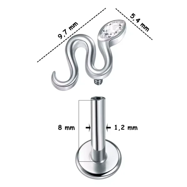 Piercing Labret Titane ASTM-F136 à Serpent Sinueux Tête Zircon Marquise (dimensions) Piercing Labret Titane ASTM-F136 à Serpent Sinueux Tête Zircon Marquise (dimensions).