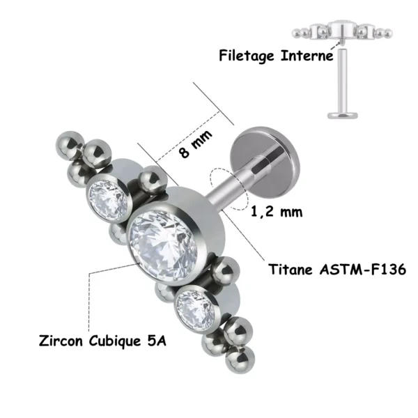Piercing Labret Titane Harmonie de Zircons & Billes (dimensions et matières) Piercing Labret Titane Harmonie de Zircons & Billes (dimensions et matières).