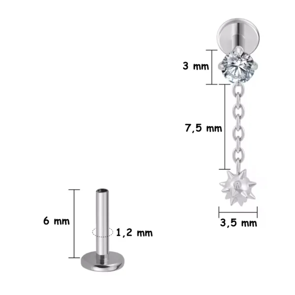 Piercing Labret Titane Zircon Boule Pendante à Pointes (variante 6 mm gris argenté) Piercing Labret Titane Zircon Boule Pendante à Pointes (variante 6 mm gris argenté).