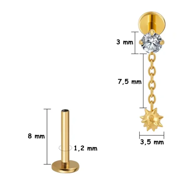 Piercing Labret Titane Zircon Boule Pendante à Pointes (variante 8 mm anodisé doré) Piercing Labret Titane Zircon Boule Pendante à Pointes (variante 8 mm anodisé doré).