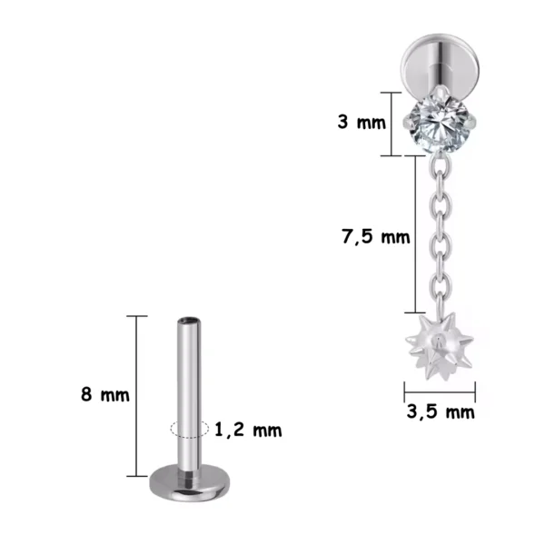 Piercing Labret Titane Zircon Boule Pendante à Pointes (variante 8 mm gris argenté) Piercing Labret Titane Zircon Boule Pendante à Pointes (variante 8 mm gris argenté).
