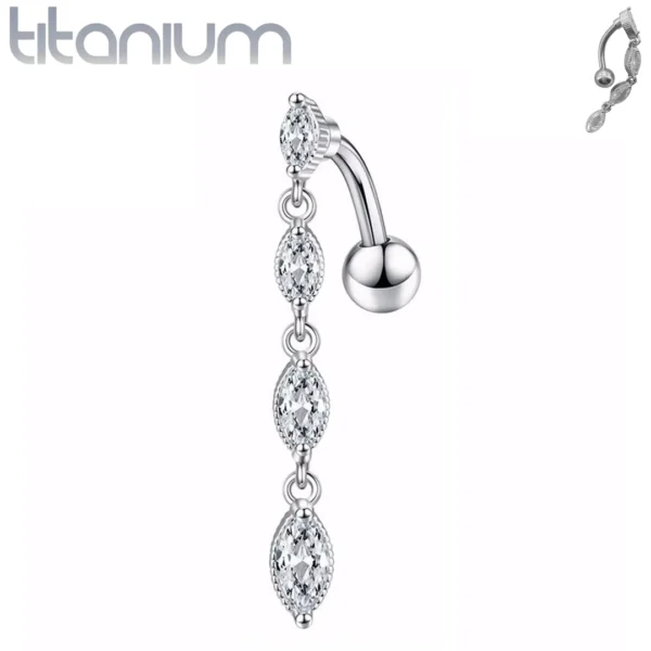 Piercing Nombril Inversé Titane Cascade de Zircons Marquise.