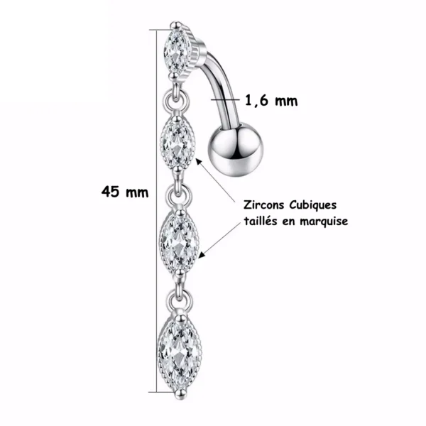 Piercing Nombril Inversé Titane Cascade de Zircons Marquise (dimensions) Piercing Nombril Inversé Titane Cascade de Zircons Marquise (dimensions).