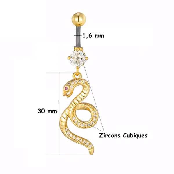 Piercing Nombril Serpent Doré Pavé de Zircons et Œil Rouge (dimensions) Piercing Nombril Serpent Doré Pavé de Zircons et Œil Rouge (dimensions).