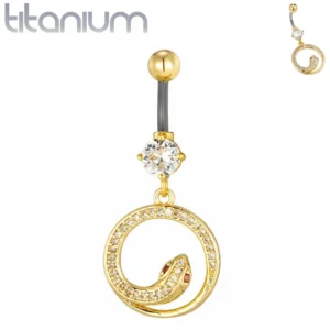 Piercing Nombril Serpent Doré en Cercle et Zircons Rouges.