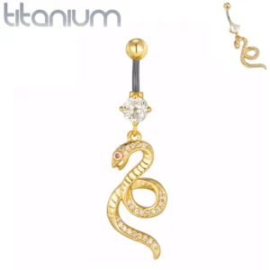 Piercing Nombril Serpent Élancé Titane Doré Pavé de Zircons.