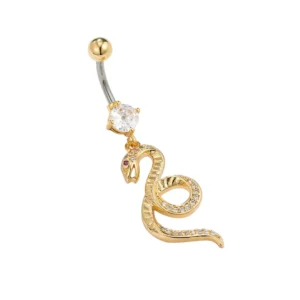 Piercing Nombril Serpent Élancé en Titane ASTM-F136 Anodisé Doré avec Pavage en Zircons.