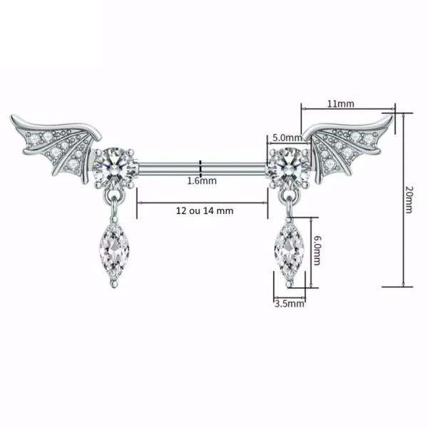 Piercing Téton à Ailes d'Anges Serties et Zircons Taillés en Marquise (dimensions) Piercing Téton à Ailes d'Anges Serties et Zircons Taillés en Marquise (dimensions).