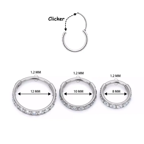 Anneau Clicker en Titane Serti de Zirconiums - 8 à 12 mm (dimensions) Anneau Clicker en Titane Serti de Zirconiums - 8 à 12 mm (dimensions).