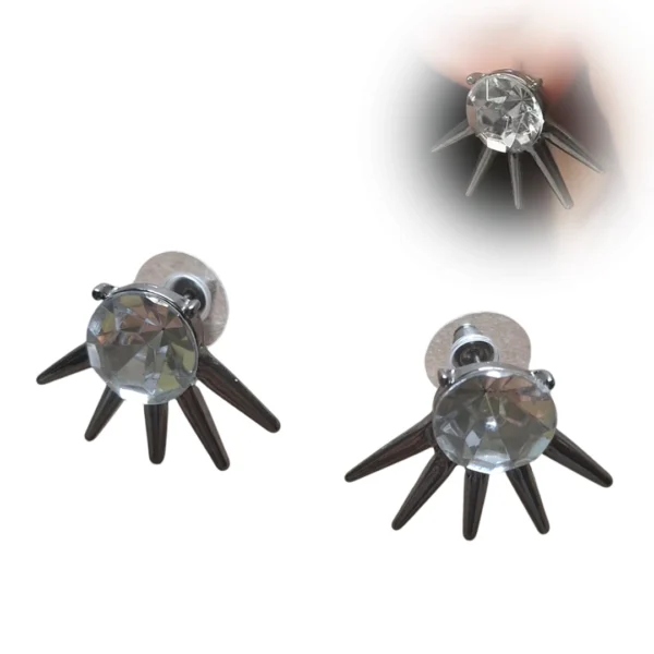 Boucles d'Oreilles Punk à Pointes Noires & Zircon à Facettes.