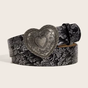 Ceinture Fleurie Noire Similicuir à Boucle Cœur Vintage.