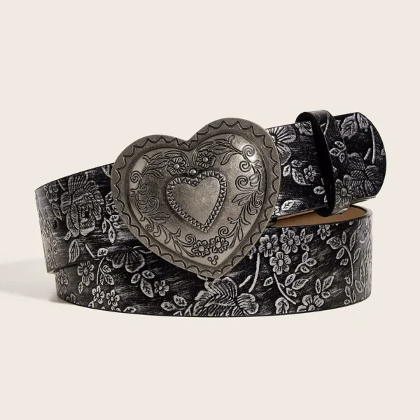 Ceinture Fleurie Noire Similicuir à Boucle Cœur Vintage.