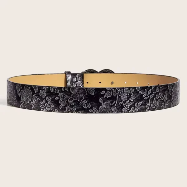 Ceinture Noire Similicuir à Motif Fleuri et Boucle Cœur Vintage Ceinture Noire Similicuir à Motif Fleuri et Boucle Cœur Vintage.