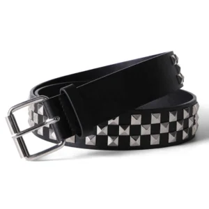 Ceinture Noire Similicuir à Rivets Pyramide Motif Damier.