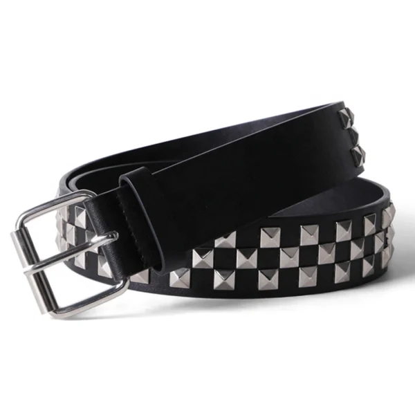 Ceinture Noire Similicuir à Rivets Pyramide Motif Damier.