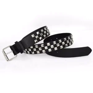 Ceinture Similicuir Noir à Rivets Pyramide Motif Damier.