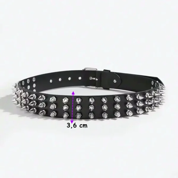 Ceinture Similicuir Noir avec 3 Rangées de Pointes Métalliques Facettées Ceinture Similicuir Noir avec 3 Rangées de Pointes Métalliques Facettées.