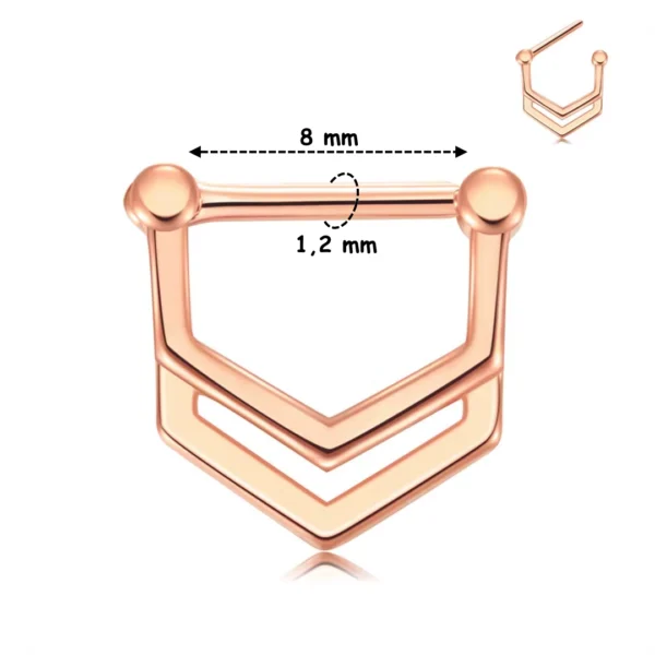 Clicker Septum Double Arrow en Acier 316L - 1,2 mm (variante or rose PVD) Clicker Septum Double Arrow en Acier 316L - 1,2 mm (variante or rose PVD).