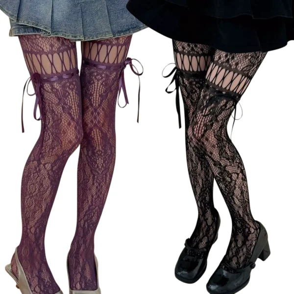 Collants Ajourés Effet Porte-Jarretelles - Noir ou Violet.
