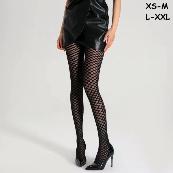 Collants Noirs Semi-Opaques au Motif Damier Ajouré.