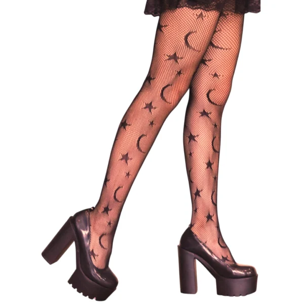 Collants Noirs en Résille à Motif Croissants de Lune & Étoiles Collants Noirs en Résille à Motif Croissants de Lune & Étoiles.
