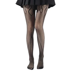 Collants Résille Noirs à Motif Flammes Ardentes.