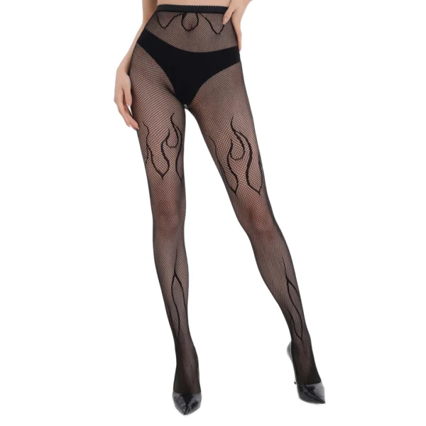 Collants Résille Noirs à Motif Flammes Ardentes - Nylon Extensible Collants Résille Noirs à Motif Flammes Ardentes - Nylon Extensible.