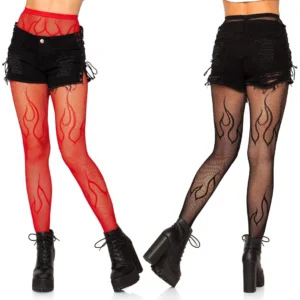 Collants Résille à Motif Flammes - Noir ou Rouge.