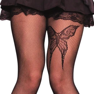 Femme Gothique en Collants Résille Noirs à Motif Papillon.