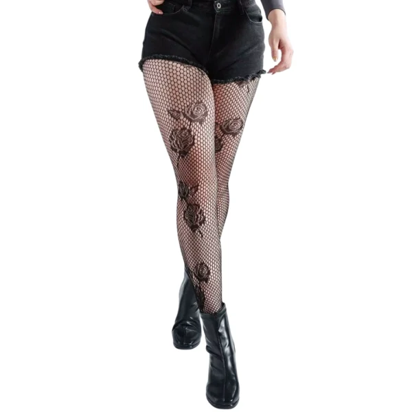 Femme Punk avec Collants Résille à Motif de Roses Noires Femme Punk avec Collants Résille à Motif de Roses Noires.