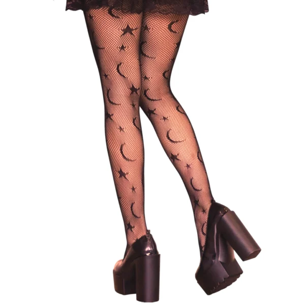Femme en Collants Résille Noirs à Motif Croissants de Lune & Étoiles Femme en Collants Résille Noirs à Motif Croissants de Lune & Étoiles.