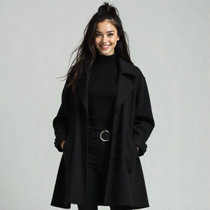 Femme en manteau oversize sur un pantalon ajusté - look total black.