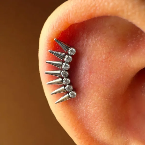 Homme portant un Piercing Labret Titane à 7 Pointes Coniques sur Base Sertie à l'Hélix Homme portant un Piercing Labret Titane à 7 Pointes Coniques sur Base Sertie à l'Hélix.