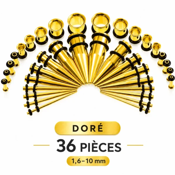 Kit Stretching Oreille Acier 316L Doré PVD Tapers & Tunnels 1,6-10mm Kit Stretching Oreille Acier 316L Doré PVD Tapers & Tunnels 1,6-10mm.