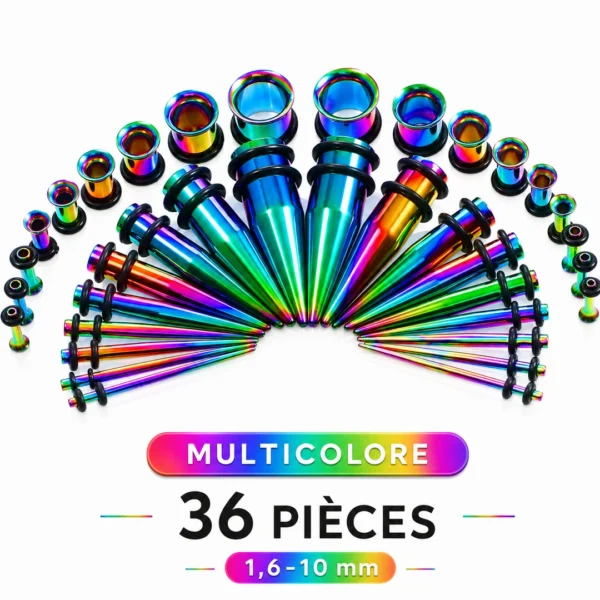 Kit Stretching Oreille Acier 316L Multicolore PVD Tapers & Tunnels 1,6-10mm Kit Stretching Oreille Acier 316L Multicolore PVD Tapers & Tunnels 1,6-10mm.
