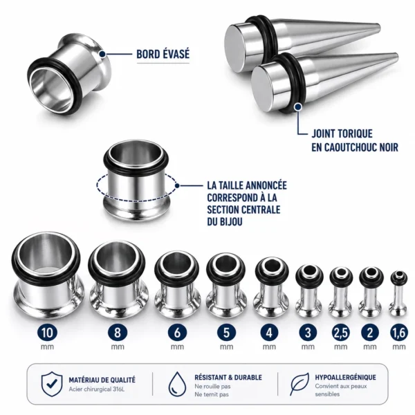 Kit Stretching Oreille Acier 316L Tapers & Tunnels 1,6-10mm (dimensions et composition) Kit Stretching Oreille Acier 316L Tapers & Tunnels 1,6-10mm (dimensions et composition).