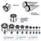 Kit Stretching Oreille Acier 316L Tapers & Tunnels 1,6-10mm (dimensions et composition).