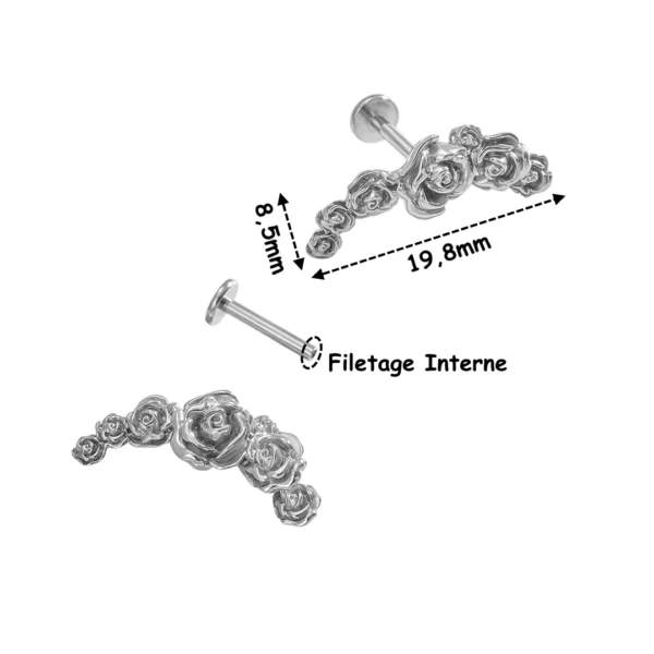 Piercing Arc de Roses Sculptées à Tige Labret Titane ASTM-F136 (dimensions) Piercing Arc de Roses Sculptées à Tige Labret Titane ASTM-F136 (dimensions).