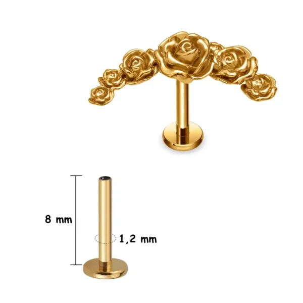 Piercing Arc de Roses Sculptées à Tige Labret Titane Anodisé Doré (variante 8 mm) Piercing Arc de Roses Sculptées à Tige Labret Titane Anodisé Doré (variante 8 mm).