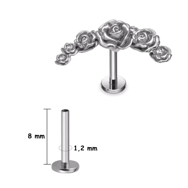 Piercing Arc de Roses Sculptées à Tige Labret Titane (variante 8 mm) Piercing Arc de Roses Sculptées à Tige Labret Titane (variante 8 mm).