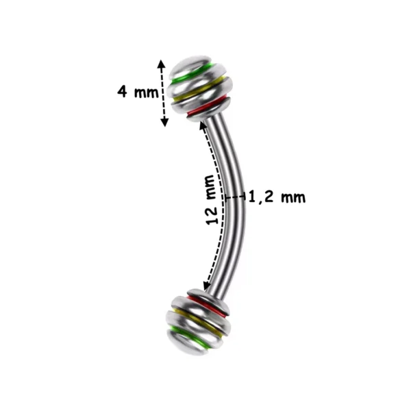 Piercing Arcade Banane 12 mm avec Boules à Striures (variante rayures multicolore PVD) Piercing Arcade Banane 12 mm avec Boules à Striures (variante rayures multicolore PVD).