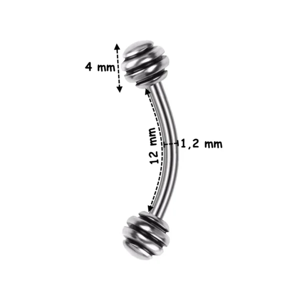 Piercing Arcade Banane 12 mm avec Boules à Striures (variante rayures noir PVD) Piercing Arcade Banane 12 mm avec Boules à Striures (variante rayures noir PVD).