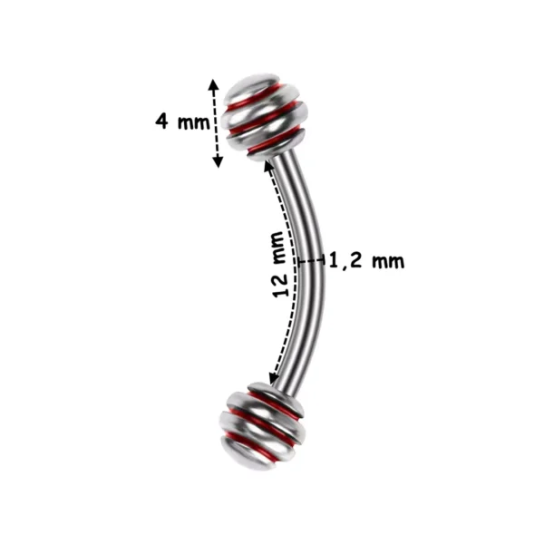Piercing Arcade Banane 12 mm avec Boules à Striures (variante rayures rouge PVD) Piercing Arcade Banane 12 mm avec Boules à Striures (variante rayures rouge PVD).